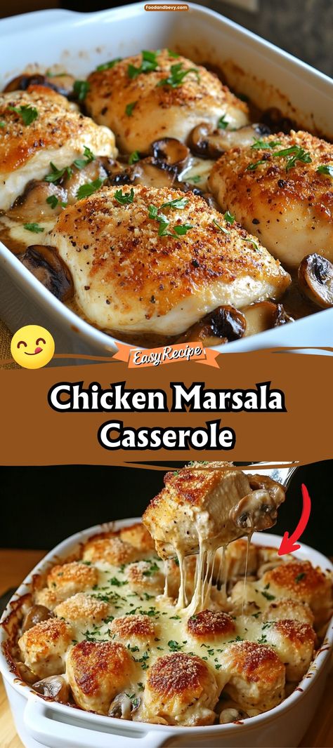 Transform a classic dish into an easy bake with Chicken Marsala Casserole. Layered with tender chicken, mushrooms, and pasta, all swimming in a rich Marsala wine sauce, this casserole is a one-dish wonder that brings the sophisticated flavors of Italy right to your table. #ChickenMarsala #CasseroleDinner #EasyMeals Italian Family Dinner Recipes, Chicken Marsala Lasagna, Chicken Marsala Bake, Main Dishes For Dinner Party, New Year Casserole, Easy Chicken Marsala Casserole, Chicken And Mushroom Marsala, Chicken Marsala Casserole Recipe, Chicken Marsala Easy Simple