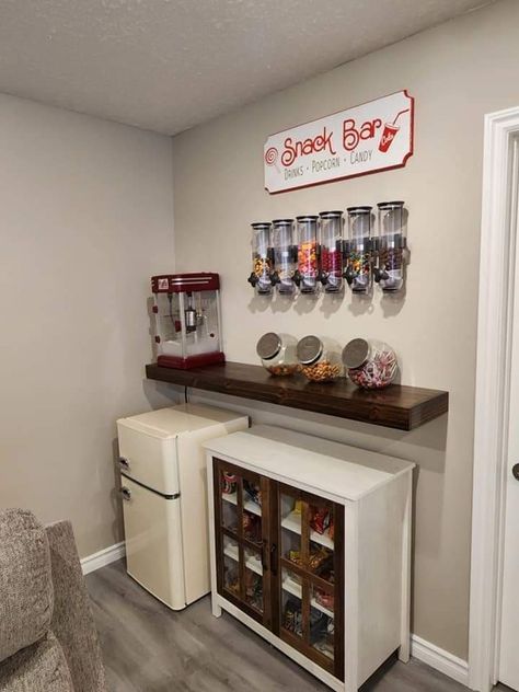 Snack Bar For Game Room, Budget Movie Room, At Home Popcorn Station, Snack Bar Room Ideas, Cute Snack Bar Ideas, Small Basement Hangout Room, Living Room Snack Bar, Salon Suite Snack Bar, Rec Room Bar Ideas