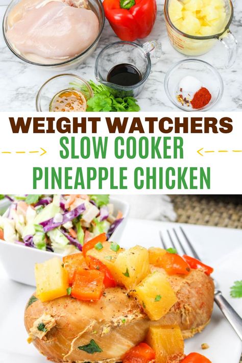 Weight Watchers Slow Cooker Pineapple Chicken is a must try! Simple to make in the crock pot and low in WW points, but not flavor. #SlowCooker #chicken #weightwatchers #WW via @sweeterbydesign Weight Watchers-friendly Hawaiian Shredded Chicken, Weight Watcher Chicken Drumstick Recipes, Ww Pineapple Chicken, Ww Crock Pot Recipes, Weight Watchers Crockpot Meals, Crock Pot Weight Watchers Recipes, Weight Watcher Crock Pot Recipes, Weight Watchers Crockpot Chicken, Weight Watcher Crockpot