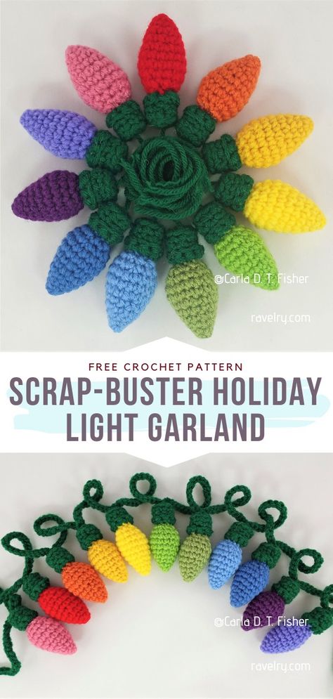 Crochet Garland Hilarious Crochet Projects, Scrapbuster Crochet Projects, Crochet Kids Christmas Gifts, Crochet Light Bulb Garland, Crochet Almond Shape, Crochet Tiered Tray Decor, Beginner Project Crochet, Ornaments Crochet Christmas, Christmas Yarn Crochet