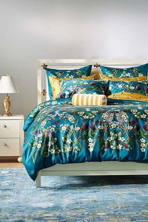 Bright Colored Bedding, Jewel Tone Duvet Cover, Jewel Tone Maximalist Bedroom, Bedroom Inspo Eclectic, Italy Bedroom, Anthropologie Bedroom, Bedroom Inspirations For Small Rooms, Surf Home, Teal Comforter