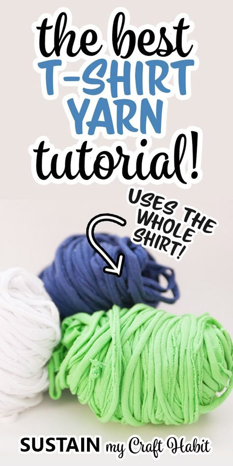 Make your own t-shirt yarn using the whole shirt! Check out the detailed pictorial to use up an entire t-shirt including the sleeves. Repurposing old t-shirts for craft projects is a great way to keep them out of the landfill. There are so many possible uses for t-shirt yarn and in this post we show you how you can make your own yarn, using the entire shirt. #upcycling #tshirtyarn #sustainmycrafthabit Gamle T Shirts, Tee Shirt Crafts, Yarn Tutorials, Rag Rug Diy, Shirt Crafts, Rag Rug Tutorial, Braided Rug Diy, Braided Rag Rugs, Rug Diy