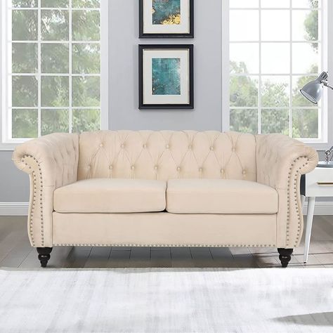 Amazon.com: MIYZEAL Modern Chesterfield Loveseat, Velvet 2 Seater Couch Upholstered Sofa with Tufted Back, Roll Arm Classic Settee with Nailhead Trim for Living Room Bedroom (Green) : Home & Kitchen Chesterfield Couch, Room Ideas Interior Design, 3 Seater Couch, Tufted Couch, Upholstered Couch, Couch Design, Modern Living Room Ideas, Furniture Board, Elegant Chair