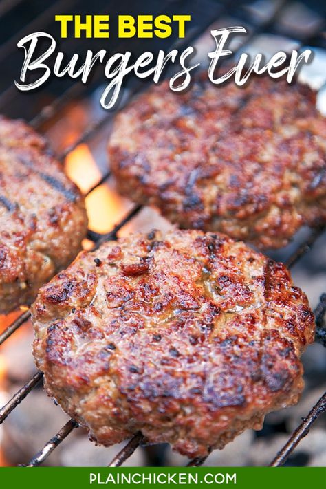 Best Burgers EVER! – these are hands down the best burgers I’ve ever eaten! SO good!!! Hamburger, onion, basil, teriyaki sauce, bread crumbs, parmesan cheese. We like to double the recipe and freeze uncooked hamburgers for a quick meal later. Great for all your summer cookouts! #burgers #hamburger #grilled #cookout Best Burgers Ever, Best Hamburger Recipes, Grilled Burger Recipes, Burger Recipes Beef, Hamburgers Grilled, The Best Burgers, Hamburger Meat Recipes, Plain Chicken, Homemade Hamburgers