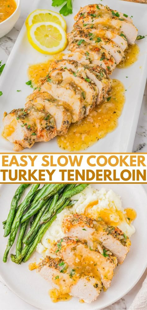 Juicy Slow Cooker Turkey Tenderloin - Averie Cooks Turkey Tenderloin Slow Cooker, Turkey Tender Recipes, Turkey Tenderloins In Crockpot, Crockpot Turkey Loin, Elk Tenderloin Recipes Crock Pot, Turkey Tenderloin Crockpot Recipes, Turkey Loin Crockpot, Turkey Loin Recipes Crockpot, Turkey Breast Tenderloin Crockpot