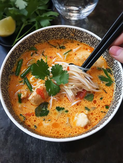 If you’re craving a warm, spicy, and creamy soup that’s packed with flavors, this Thai Red Curry Noodle Soup is exactly what you need! It’s a rich blend of creamy coconut milk, savory Thai red curry paste, tender noodles, and a mix of fresh vegetables and herbs. This dish is the ultimate comfort food that’s... Thai Red Noodle Soup, Thai Red Curry Soup Coconut Milk, Green Curry Soup Recipes, Spicy Coconut Curry Ramen, Thai Curry Aesthetic, Vegan Curry Soup, Thai Curry Noodle Soup, Soup Recipes Asian, Thai Green Curry Soup