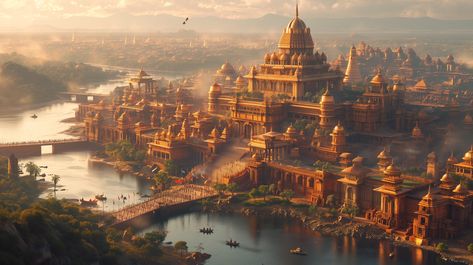 Midjourney Feed Music Orchestra, Indian City, Kingdom City, Ancient Indian Architecture, Ancient Kingdom, Daemon Targaryen, Peace Illustration, Vedic Art, Indian Architecture