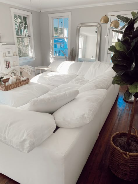 The Best Cloud Couch Dupe - Stephanie Pernas Grey L Sectional Living Room, Large U Sectional Living Room, White Dreamy Bedroom, Deep Comfy Couch, Teddy Bear Couch, Cloud Couch Living Room Aesthetic, Fluff Daddy Couch, Cloud Sectional Living Room, Cozy Sofa Deep Couch