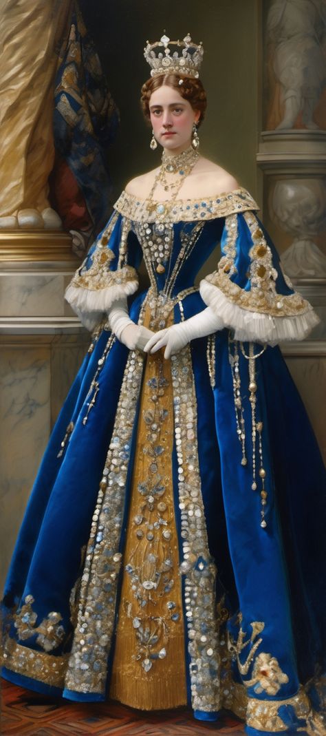 Royal Blue Vintage Aesthetic, Formal Royal Outfits, Royalty Aesthetic Queen, European Royalty Fashion, Historic Ball Gowns, Royal Clothes Women, Russian Princess Dress, Historical Dresses Victorian Ball Gowns, Indian Royal Dress