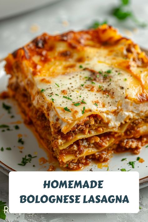 Authentic Lasagna Bolognese has layers of Bolognese sauce, creamy béchamel, and pasta. Make this traditional Italian dish with this simple recipe! Italian Lasagna Recipe Bechamel, Homemade Meat Sauce For Lasagna, Homemade Lasagna Sauce Italian, Bolognese Sauce For Lasagna, Lasagna Alla Bolognese, Bolognese Lasagna Recipe, Bechamel Sauce For Lasagna, Italian Dishes Authentic, Lasagna Bolognese Recipe