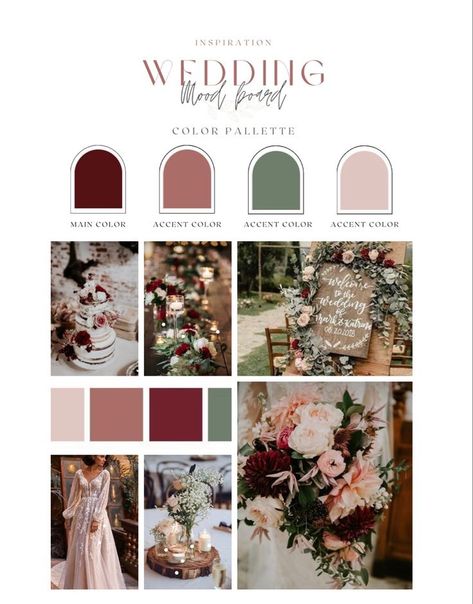 Wedding Color Boards Colour Palettes, Fall Winery Wedding Colors, Blush Fall Color Palette, Burgundy And Pastel Wedding, Wedding Color Scheme Burgundy, Fall Wedding Colors Mauve, Maroon Wedding Pallet, Wedding Colours Autumn, Deep Rose Wedding Color Schemes