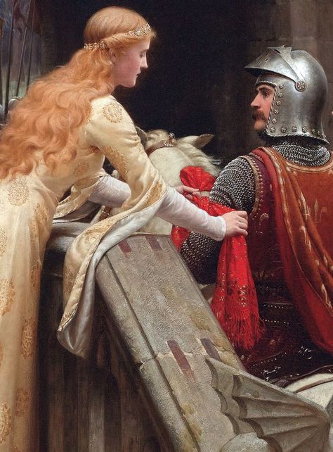 God Speed! (detail) 1900.Edmund Blair-Leighton. The Knight in Shining Armor receives The Lady’s Favour Edmund Blair Leighton, Era Victoria, Pre Raphaelite Paintings, God Speed, Pre Raphaelite Art, Romantic Paintings, Knight In Shining Armor, The Knight, Medieval Clothing