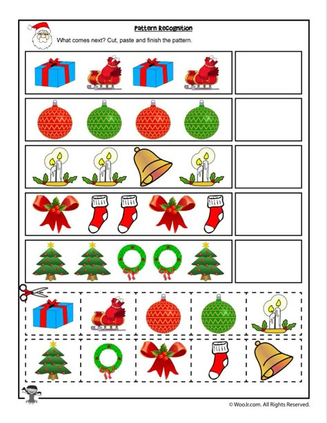 Cut and Paste Christmas Pattern Recognition Worksheet | Woo! Jr. Kids Activities Preschool Christmas Worksheets, Free Printable Christmas Worksheets, Christmas Worksheets Kindergarten, Kindergarten Christmas Activities, Pattern Worksheets For Kindergarten, Christmas Math Worksheets, Preschool Christmas Activities, Holiday Worksheets, Pattern Worksheet