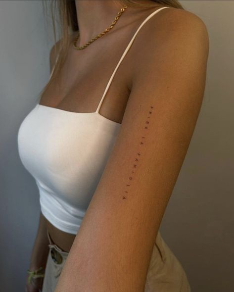 Minimalistic Arm Tattoos For Women, Horizontal Back Tattoo Women, Tattoo Inner Bicep Woman, Sensitive Tattoo Words, Vertical Arm Tattoos For Women, Dainty Upper Arm Tattoos For Women, Back Of Arm Tattoo Women Words, Arm Tattoos For Women Minimalist, Front Of Bicep Tattoo