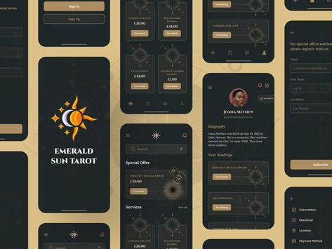 Emerald Sun Tarot is a mobile app for an existing tarot business for the owner to better support current clients who are interested in tarot readings. 𝐈𝐧𝐭𝐞𝐫𝐞𝐬𝐭𝐞𝐝 𝐢𝐧 𝐰𝐨𝐫𝐤𝐢𝐧𝐠 𝐰𝐢𝐭𝐡 𝐦𝐞? I'm open to new freelance projects. Feel free to contact at email: salmansaleem869@gmail.com ------- #mobileapp #mobileappui #appdesign #designinspirations #designinspirationideas #creative #appdesigntrends #tarotreading #tarot #astronomy #tarotcard #uidesign #mobiledesign #uiux Interactive Screen, Tarot App, App Design Trends, Tarot Business, Card Ui, Ui Web Design, Mobile App Design Inspiration, Moon Calendar, Canva Tips