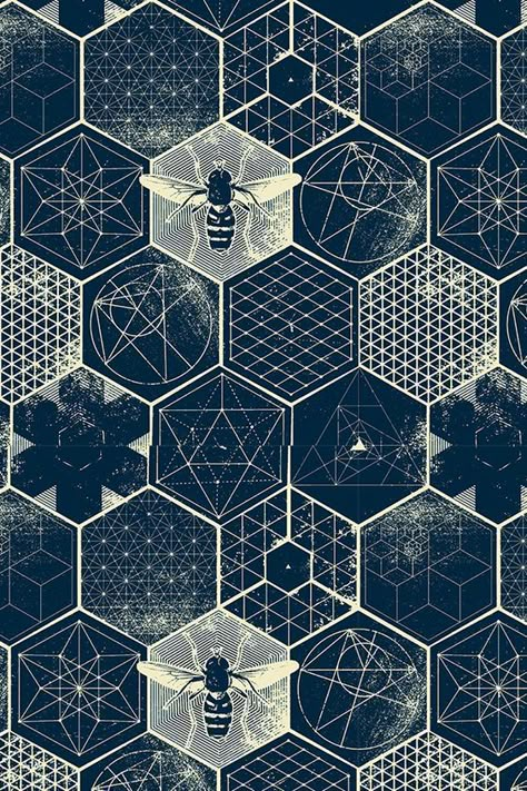 Wallpaper Science, Pattern On Fabric, Muster Tattoos, Cream Design, Deep Navy Blue, Bee Art, Honeycomb Pattern, Tattoo Pattern, Geometric Art