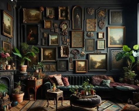 Maximalist Vintage Living Room, Vintage Dark Living Room, Dark Academia Maximalist Decor, Moody Cottage Core Living Room, Speakeasy Aesthetic Living Room, Dark Academia Living Room Apartment, Small Moody Living Room Ideas, Dark Lounge Aesthetic, Eclectic Moody Living Room Ideas