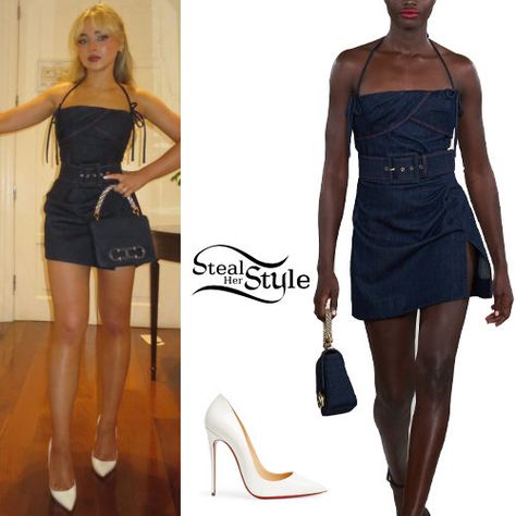 Steal Her Look, Sabrina Carpenter Outfits, Steal Her Style, Christian Louboutin So Kate, Pink Corset, Dream School, Strapless Corset, White Pumps, Denim Mini Dress