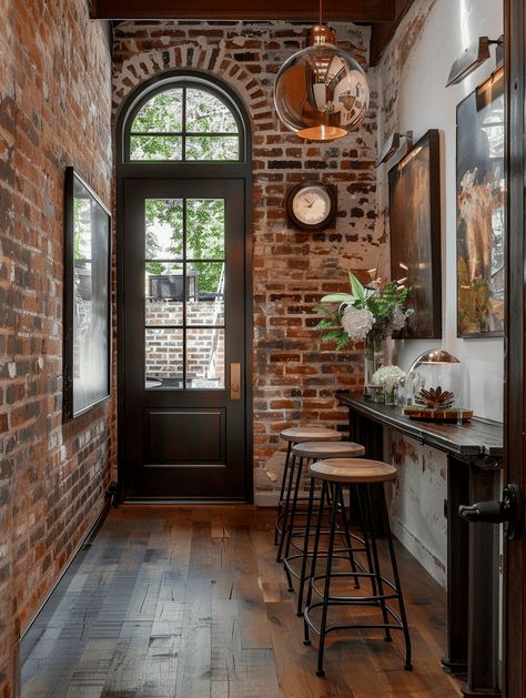 Antique Brick Wall Interior, Entryway Brick Wall, Brick Home Accents, Brick Wall Design Ideas Interiors, Entry Way Accent Wall Brick, Brick Wall Foyer, Brick Foyer Entryway Wall, Brick Wall Entryway, Interior Design Brick Wall