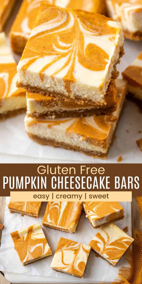 Pumpkin Cheesecake Bars take all the things you love about fall and fold them into a pumpkin-swirled, dreamy cheesecake filling on a crisp gluten-free cookie crust. The perfect handheld dessert for a Halloween party or a sweet after-school treat! Easy Pumpkin Cheesecake Bars, Gluten Free Thanksgiving Desserts, Cheesecake Bars Recipes, Pumpkin Cheesecake Bars Recipe, Dessert Recipes Thanksgiving, Fall Desserts Gluten Free, Gluten Free Pumpkin Desserts, Gluten Free Pumpkin Cheesecake, Easy Pumpkin Cheesecake