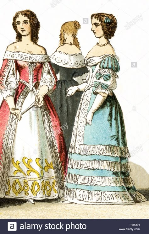 The Figures represented here are all French ladies of the court living in the 17th century, specifically between 1600 and 1670. The illustration dates to 1882 1400s French Fashion, Traditional French Clothing Women, French Royalty Fashion, 17th Century Dress French, 17th Century French Fashion, Baroque Fashion 17th Century, 17th Century Fashion Women, French Traditional Dress, Traditional French Clothing