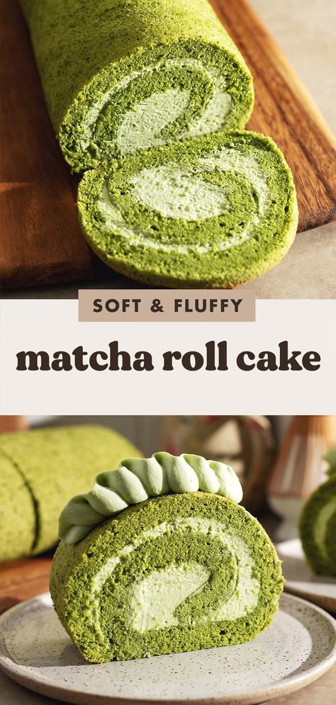 This matcha roll cake is made with a soft and fluffy matcha cake sheet that never rips when rolled and filled with matcha whipped cream for double the matcha green tea flavour. #matcha #swissroll #rollcake | teakandthyme.com Matcha Swiss Roll Recipe, Kitten Recipes, Cake Flavours Ideas, Matcha Roll Cake Recipe, Matcha Whipped Cream, Matcha Cake Roll, Matcha Cake Recipe, Matcha Swiss Roll, Matcha Recipe Baking