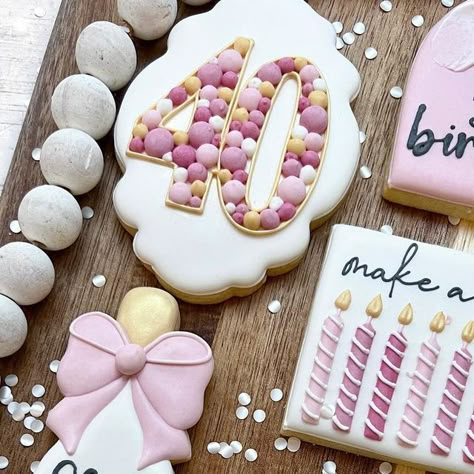 Amanda Luecke on Instagram: "I’ve had a few orders for 40th birthday cookies and with my own creeping up quickly, it’s been fun to make cookies for other amazing women hitting this milestone! . I love how fun and playful these are!! Happy 40th, Katie! . I was sent photos as inspo so I’m not sure who all the ideas come from but feel free to comment with the cookie artist below and I will tag them! . All natural colors from @prsmsugarco Black is activated charcoal from charcoal house llc . . . Decorated Cookies Birthday Woman, Grandma Cookies Decorated, 40th Cookies Women, Decorated Birthday Cookies For Women, Birthday Cutout Cookies, Happy Birthday Cookies Decorated Women, 40 Birthday Cookies Women, Woman Birthday Cookies, 50th Birthday Cookies Decorated