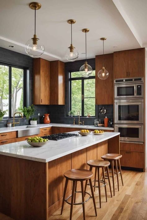 Mid Century Wood Kitchen Cabinets, Subtle Mid Century Modern, Japanese Inspired Home Design, Eclectic Mid Century Modern Kitchen, Mid Century Modern Built In Bar, Mid Century Modern Meets Farmhouse, Modern Mcm Kitchen, Kitchens With Black Accents, Kitchen Eat In