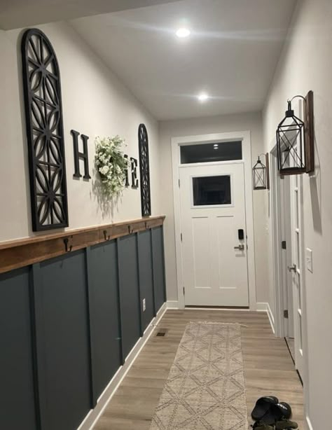 Hallway Decor Panelling, Hallways Paint Ideas, Light Grey Walls With Black Trim, Long Narrow Entryway Ideas Front Doors, Empty Wall Ideas Hallway, Rambler House Interior Design, Long Hallway Wall Ideas, Long Hallway Photo Wall Ideas, Wood Accent Wall Entryway