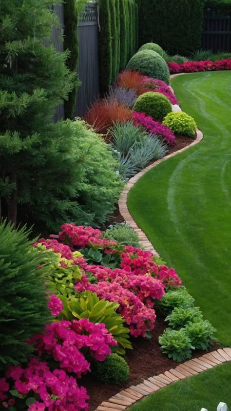 Narrow Front Yard Landscaping Ideas, Garden Bed Ideas Front Of House, Front Of House Landscape Ideas Full Sun, Landscaping For Privacy Backyard, Front Yard Landscaping Modern, Modern Flower Garden, Fence Line Landscaping Ideas, Fence Flowers, Land Scaping