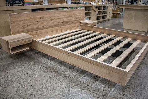 DIY Floating Bed Frame with LED Lighting Plans Ideas | Home Interiors Floating Bed Master Room, Custom Platform Bed, Floating Bed Headboard, Custom Bed Frames, Diy Floating Bed Frame How To Build, How To Make A Floating Bed, Homemade Bed Frames, Floating Bed With Headboard, Pedulla Studio