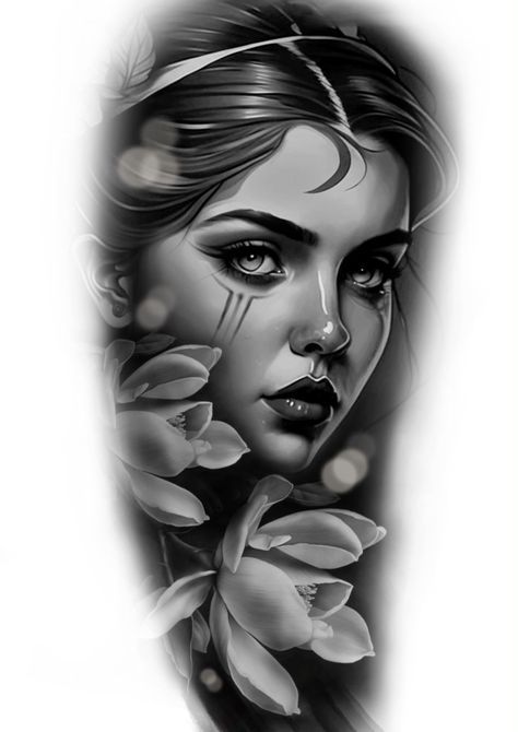 Tattoo Designs Of Women, Full Sleeve Tattoo Designs For Women, Women Face Tattoo Design, Face Woman Tattoo, Tattoo Designs In Hand, Woman Face Tattoo Design, Women Face Tattoo, Ram Tattoo Design, Woman Portrait Tattoo