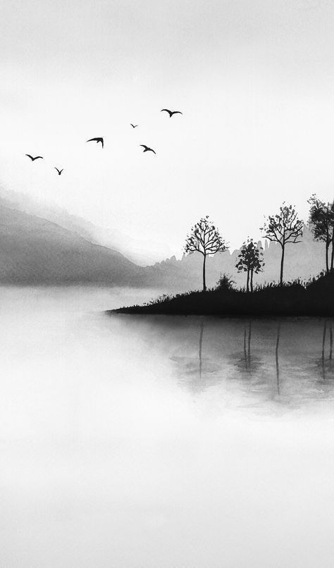 Watercolor Black And White, Landscape Pencil Drawings, Nature Art Drawings, Landscape Modern, Drawing Eyes, Misty Mountains, Black And White Art Drawing, Cool Pencil Drawings, Mountains Landscape