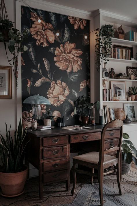 15 Moody Home-Office Ideas to Elevate Your Workspace - My Decor Inspo Desk Facing Wall Decor, Dark Boho Home Office, Home Office Goth, Comfy Office Ideas, Moody Homeschool Room, Moody Small Office Inspiration, Women Office Aesthetic, Awkward Office Space Ideas, Light Academia Office Aesthetic