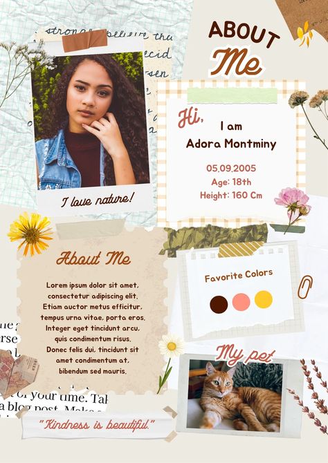 Brown Aesthetic Scrapbook Personal Profile About Me Poster 🤍 brown, collage, scrapbook, aesthetic, personal, profile, poster, about me, organic, paper🤍 #canva #canvatemplate #freetemplate #canvafree Scrapbook About Yourself, My Profile Template Aesthetic, Personal Collage Ideas, Journal Profile Ideas, Poster About Yourself, About Me Graphic Design, Profile Template Aesthetic, Aesthetic Scrapbook Template, Portfolio Design Aesthetic