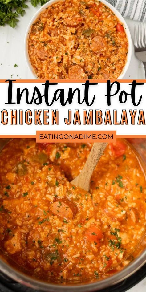 Instant Pot Jambalaya can be ready in minutes for a dinner that everyone will love. It's packed with Cajun flavor and makes an amazing meal. This Instant Pot Chicken and Sausage Jambalaya recipe is super easy to make and delicious too! #eatingonadime #instantpotrecipes #pressurecookerrecipes #chickenrecipes #cajunrecipes Jumbolia Recipes, Chicken And Sausage Jambalaya Recipe, Chicken Jambalaya Recipe, Jambalaya Recipe Instant Pot, Instant Pot Jambalaya, Farm Meals, Sausage Jambalaya Recipe, Jambalaya Recipe Easy, Chicken Jambalaya