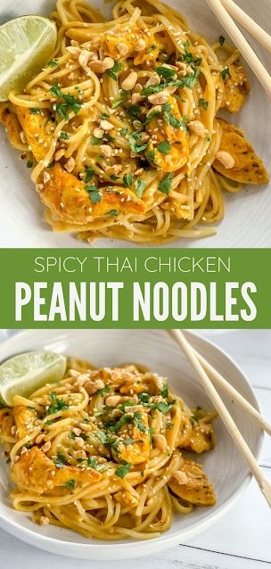 Spicy Thai Peanut Chicken Noodles Spicy Thai Peanut Chicken, Thai Peanut Chicken Noodles, Thai Peanut Sauce Noodles, Peanut Chicken Noodles, Peanut Chicken Stir Fry, Peanut Chicken Recipe, Meat Casseroles, Thai Peanut Noodles, Peanut Sauce Noodles