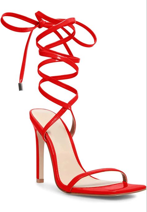 Women’s Red Strappy Lace Up Square Open Toe Stiletto Heeled Sandal High Heels. Click to shop on Amazon. #highheels #red #stiletto Quinceanera Heels, Summer Dress Wedding, Red Strappy Heels, My Quinceanera, Unique Girls, Dance Heels, White High Heels, Lace Up High Heels, White Sandals Heels