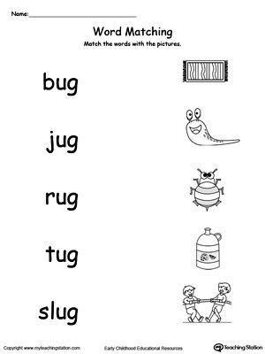 **FREE**UG Word Family Picture and Word Match. Provide your child with experience in identifying words ending in –UG by matching the words with each picture. Ug Word Family, Word Families Printables, Word Family List, Kindergarten Word Families, Kindergarten Math Worksheets Addition, Cvc Words Worksheets, Cvc Words Kindergarten, Kindergarten Phonics Worksheets, Word Family Worksheets