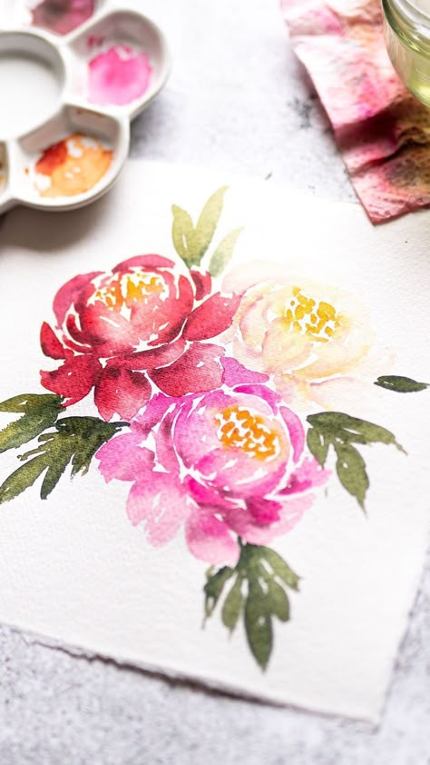 Peonies Painting Watercolors, Watercolour Peony Tattoo, Easy Watercolor Peony, Simple Peony Painting, Watercolor Peony Tutorial, Peony Flower Watercolor, Watercolor Floral Bouquet, Loose Watercolor Roses, Watercolour Peonies