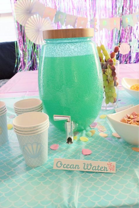 Ocean Water Lemonade, 2 Year Mermaid Party, Mermaid Party Punch, Under The Sea Punch Recipe, Mermaid Water Drink Non Alcoholic, Mermaid Party Drinks, Mermaid Punch Alcoholic, Mermaid Breakfast Party, Under The Sea Punch