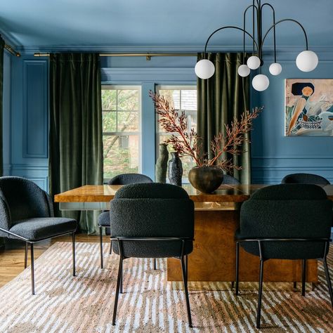 Natalie Papier (From Magnolia Network) Turns a Very Beige Home Into A Colorful Oasis — Real Simple Moody Dining Room, Dining Room Blue, Trending Paint Colors, Dining Room Inspiration, Dining Room Ideas, Blue Walls, Room Paint, Dining Room Design, Room Colors