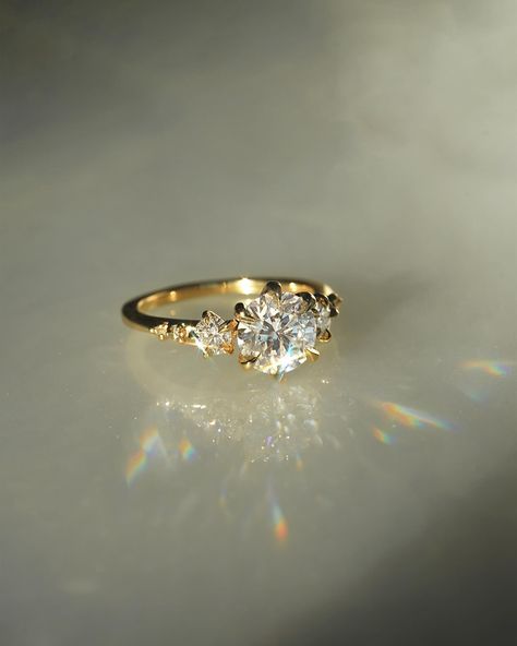 A beacen of pure light, leading straight to the heart✨ Some more angles of this dazzling bespoke Wild Iris Ring, our one and only three-stone engagement ring design! Three Gem Ring, Laurie Fleming Engagement Ring, Rings Engagement Three Stone, Triad Engagement Ring, Tri Stone Engagement Ring, Laurie Fleming, Iris Ring, Unique Diamond Ring, Engagement Ring Three Stone