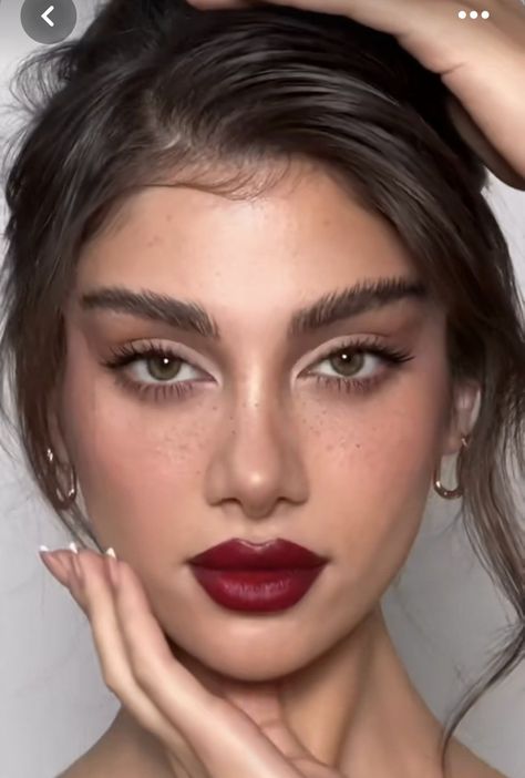 Dark Berry Lipstick Makeup, Makeup Looks For Wine Red Dress, Makeup With Dark Red Lipstick, Dark Red Dress Makeup Look, Red Dark Lipstick, Berry Red Lips, Dark Berry Aesthetic, Berry Lip Color, Red Wine Lipstick Makeup