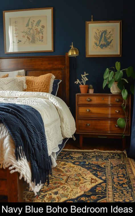 Transform your bedroom into a serene sanctuary with our stunning Navy Blue Boho Bedroom ideas! Discover how to combine the deep, calming tones of navy blue with the eclectic charm of bohemian decor to create a space that's both sophisticated and inviting. Our latest blog post showcases a variety of Boho Bedroom designs that incorporate rich blue hues, natural materials, and unique decor elements. Whether you're looking to add a bold navy accent w Navy Blue Earthy Bedroom, Ethan Allen Bedroom Inspiration, Bold Room Decor, Navy Cottage Bedroom, Dark Blue And Rust Bedroom, Navy Terracotta Bedroom, Cozy Navy Bedroom, Navy And Wood Bedroom, Navy Accent Bedroom