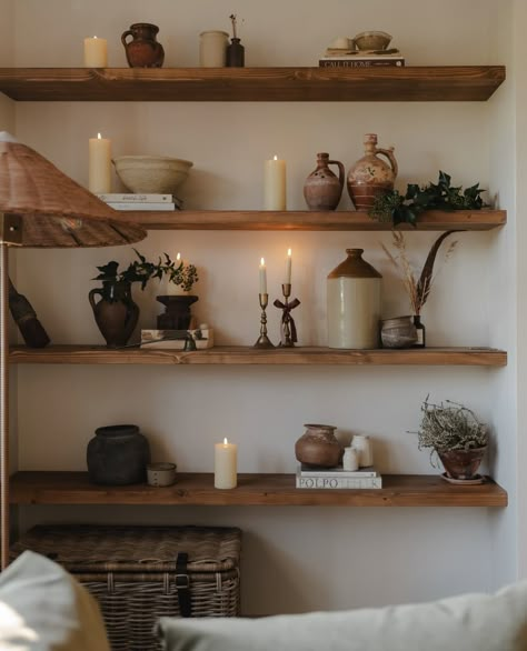 Live Edge Shelf Living Room, Earthy Shelf Decor, Rustic Kitchen Shelf Decor, Styled Floating Shelves, Arch Shelf Decor, Minimalist Shelving Decor, Dining Room Floating Shelves Decor, Aesthetic Shelves Decor, Wood Shelf Decor Living Room