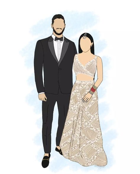 Indian Wedding Reception Custon Illustraion - Formal Couple Portrait - Minimalist Indian Wedding Art - Unique Custom Illustration - Lengha Suit Cocktail Hour Sign Reception Illustration Couple, Reception Caricature Indian, Engagement Illustration Couple, Reception Caricature, Minimalist Indian Wedding, Cocktail Hour Sign, Engagement Illustration, Formal Couple, Reception Couple