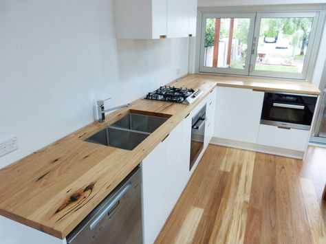 White Kitchen With Dark Wood, Timber Benchtop Kitchen, Countertops 2022, Timber Kitchens, Kitchen Ideas Scandinavian, Timber Benchtop, Hardwood Kitchen, Kitchen Island Furniture, Island Furniture