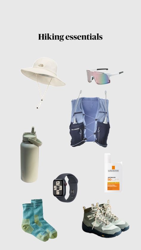 Hiking gear and equipment, hat, shield sunglasses, reusable water bottle, active skin, sunscreen SPF 50, good quality socks, waterproof breathable hiking shoes Hiking Essentials For Women, Hike Essentials, Hiking Gear Women, Pretty Outfit Ideas, Hiking Trips, Hiking Essentials, Sunscreen Spf 50, Shield Sunglasses, Hiking Gear