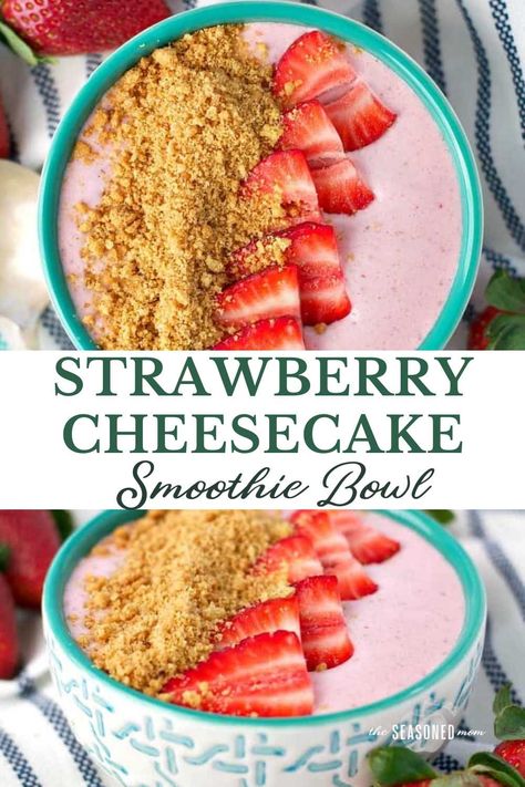 Start your day with a thick, creamy and protein-packed strawberry smoothie that you can eat with a spoon! Topped with crushed wholegrain graham crackers and fresh fruit, this healthy Strawberry Cheesecake Smoothie Bowl is like having dessert for breakfast! Make Your Own Smoothie Bowl, Strawberry Banana Smoothie Bowl Recipe, At Home Smoothie Bowl, Smoothie Ideas Fruit, Healthy Breakfast Smoothie Bowls, Cottage Cheese Smoothie Bowl, Healthy Food And Drinks, Ninja Creami Smoothie Bowls, Smoothie Bowl Kids